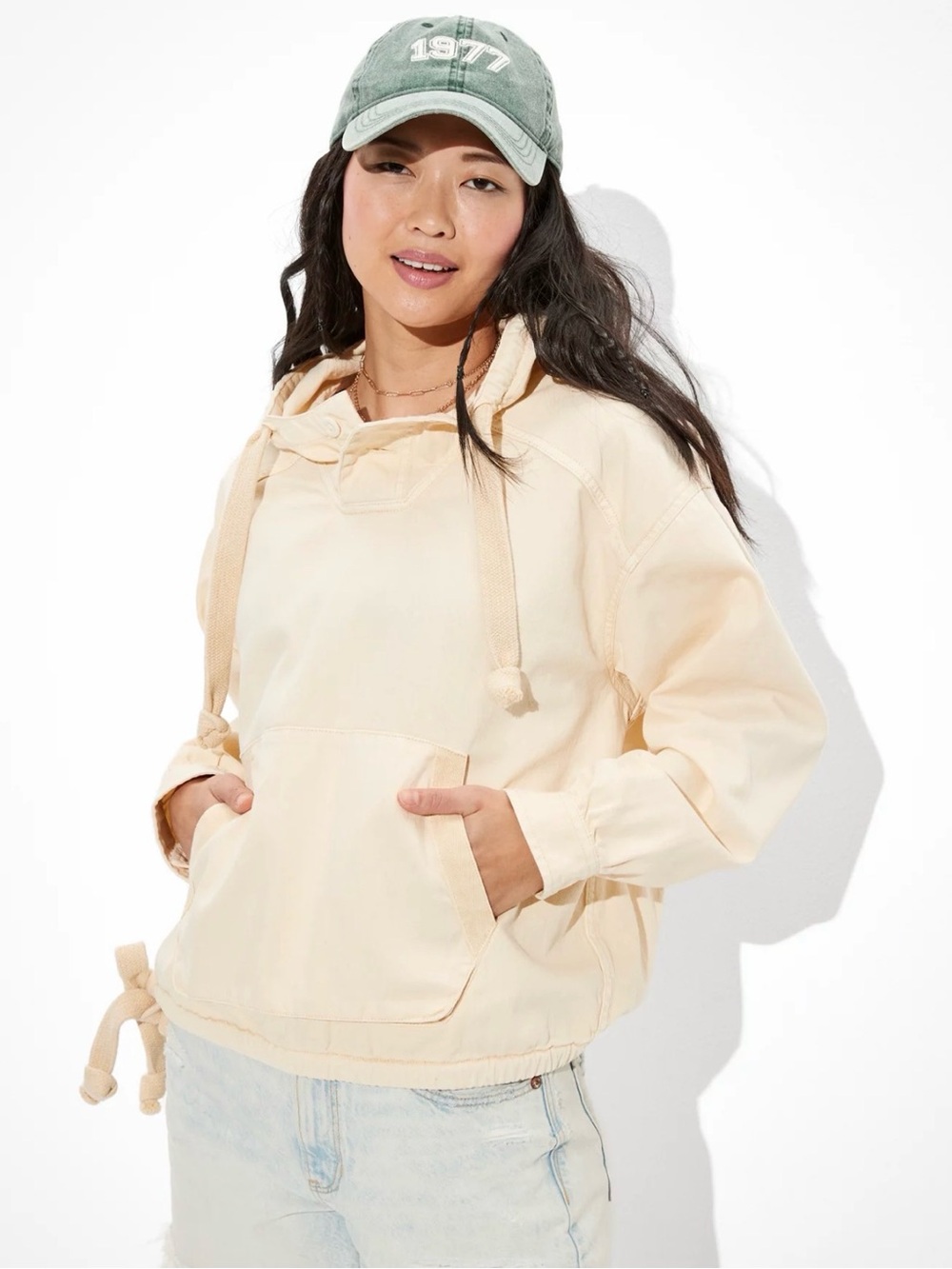 American Eagle Oversized Military Shirt Hoodie XL Cream